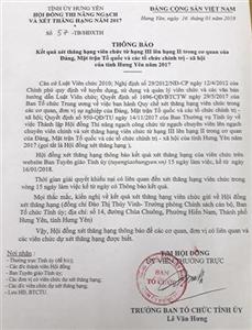 Thông báo số 57-TB/HĐXTH về kết quả xét thăng hạng viên chức từ hạng III lên hạng II trong cơ quan của Đảng, Mặt trận Tổ quốc và các tổ chức chính trị - xã hội của tỉnh Hưng Yên năm 2017