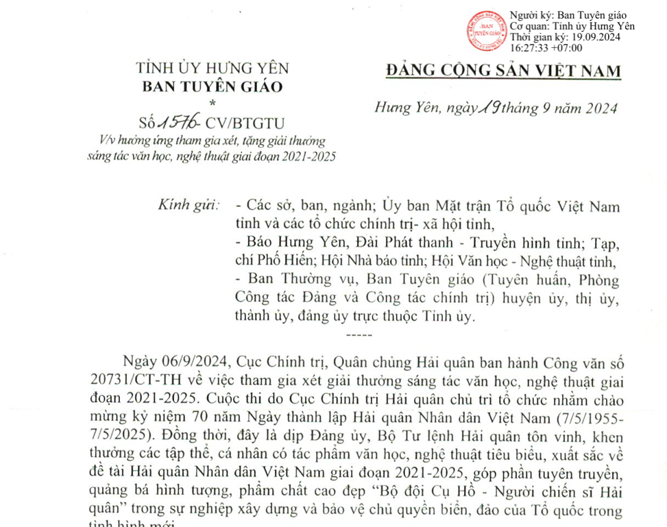 Hưởng ứng tham gia xét, tặng giải thưởng sáng tác văn học, nghệ thuật giai đoạn 2021 - 2025